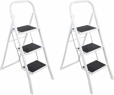 Inklapbare keukentrap - 2x stuks - wit/zwart - 3 treden - 105 cm - huishoudtrap - opvouwbaar