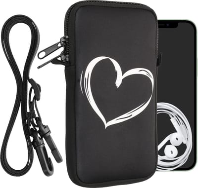 kwmobile Tasje voor smartphones XL - 6,7/6,8" - Hoesje van neopreen in wit / zwart - Phone case met nekkoord - Brushed Hart design