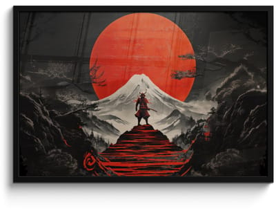Poster in lijst - Fotolijst 90x60 cm - Posters - Krijger - Rode trappen - Zon - Berg - Posterlijst zwart - Decoratie - Wanddecoratie woonkamer - Muurdecoratie slaapkamer