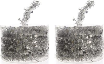 Decoris Kerstslinger - 2x - guirlande - met sterren - zilver - glanzende lametta - 700 cm