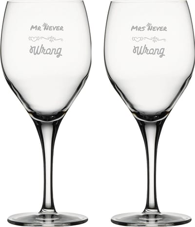 Gegraveerde set witte wijnglazen 34cl Mr. Never wrong - Mrs. Never wrong
