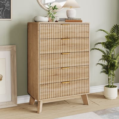 Ladekast 5 Lades – 108 cm Hoog – Metalen handvat – Modern Dressoir – Houtkleur