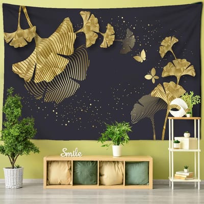 Gouden Gingko Blad Wandkleed Tropische Bladeren Bloemen Boheemse Psychedelische Achtergrond Sprei Huisdecoratie 95x70CM