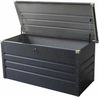 Opbergbox Tuin - Tuinbox Metaal - Tuinspullen Opbergen - Gasveer Deksel - 132x61x62cm - Donkergrijs