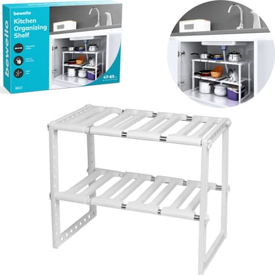 Uitschuifbaar Kast Organizer Rek - Verstelbare Keukenkast Plank - Onder Wasbak Organizer - Badkamer En Keuken Opbergrek - Verstelbare Breedte 47-65 cm - Wit
