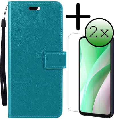Hoesje Met 2x Screenprotector - Geschikt voor Samsung Galaxy A15 - Luxe Pasjeshouder - Bookcase Portemonee - Flip Case - Kunstleer Book Case - Flipcase Hoes - Book Cover - Walletcase - Portemonneehoes - Turquoise