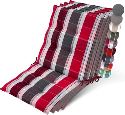 Beautissu Sun-NL – Set van 4 Premium Lage Rugleuning Kussen 100x50 cm - UV-bestendig & 8cm Dik Kussen Tuinstoelkussen Antislip Bevestigingsbanden – Stevige Stof Antraciet Rood Gestreept