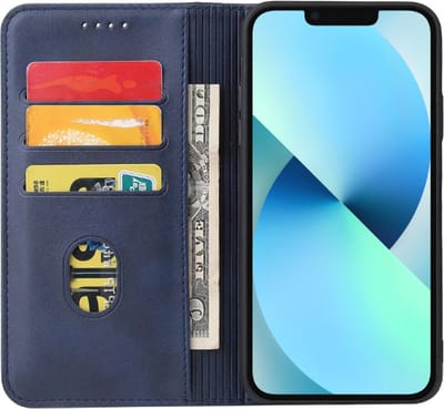 Smartphonica iPhone 13 Mini kunstleren hoesje met magnetische sluiting en pashouders book case - Blauw geschikt voor iPhone 13 Mini