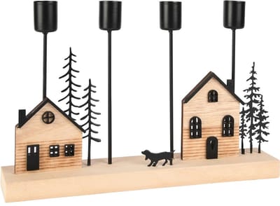 Dekoratief | Kaarsenhouder m/huisjes/hond, hout/metaal, 28x5x18cm | A255466