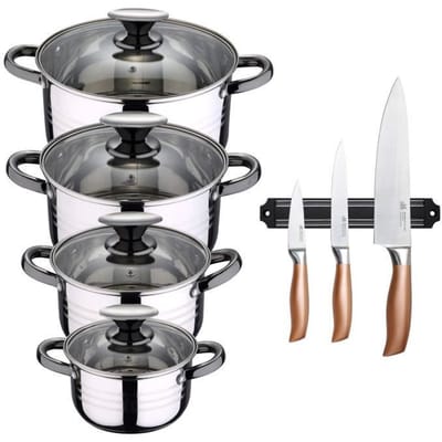 Batterie de cuisine 8 pcs - SAN IGNACIO - Acier inoxydable - Compatible induction - Set de 3 couteaux