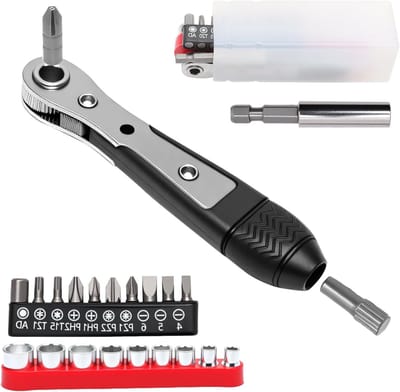 Compacte Ratchet Wrench Set met 20 Accessoires voor Kleine Ruimtes - Inclusief Phillips, Hexagon en Vierkante Sleutels, Ideaal voor Auto's en Klussen