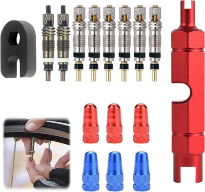 Complete Fietsventiel Reparatieset - 12-delige Kit met Presta Ventielkernen, Adapter en Verwijdertool, Inclusief Ventieldoppen en Accessoires voor Onderhoud