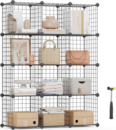 Boutloze rekken van draadgaas Stapelkast Staande kast 12 vakken Opbergkast gratis Rubber moker 93 x 31 x 123 cm Zwart LPI34H