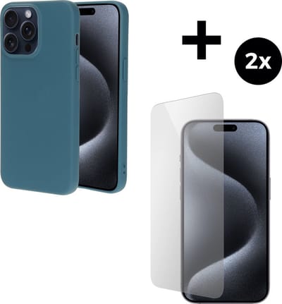 Mobiparts Silicone Cover hoesje geschikt voor Apple iPhone 15 Pro Max met 2 Screenprotectors van Gehard Glas - Blauw