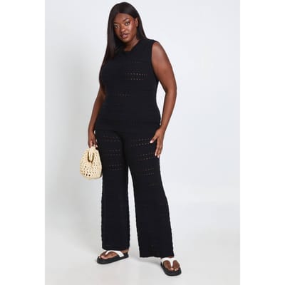 boohoo Dames Plus Maat Gehaakte Gebreide Lange Top En Broek Coordinatenset | Zwart | Maat: 48