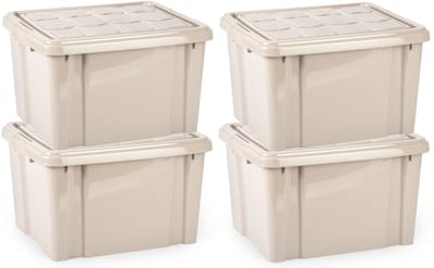 Plasticforte Multi Storage Opslagbox met deksel - 4x - beige - 25 liter - L41 x B34 x H24 cm - kunststof - opbergdoos - opbergen