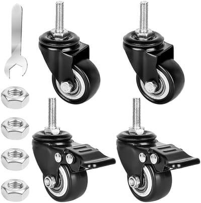 Set van 4 zware meubelwielen 40mm met M8 schroefbevestiging, 2 met rem en 2 zonder rem, 35kg draagvermogen, 360 graden draaibaar rubberen wielen voor meubels en stoelen buitengebruik