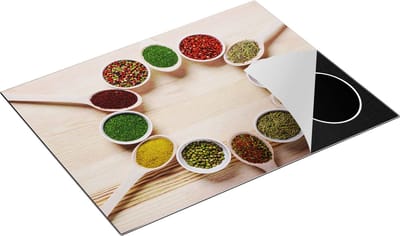 Chefcare Inductie Beschermer Kruiden in Lepels op een Houten Tafel - 77x59 cm - Afdekplaat Inductie - Kookplaat Beschermer - Inductie Mat