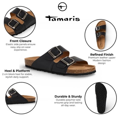 Tamaris herenslippers van zwart leer met instapzool en voetbed.