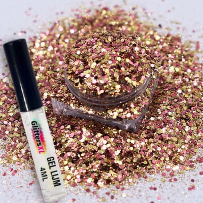 Festival Chunky Glitters Goud/Roze 8g + Glitter Huid Lijm 4ML - Biologisch Afbreekbaar - Glitter voor Lichaam en Gezicht - Face & Body Make-up Jewels - Glitter Tattoo Set - Make Up Biodegradable - Glitter Tattoo Set