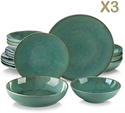 Ornamenta Ornate Bordenset – 48 delig -12 persoons – Groen Keramisch – Eetborden – Kleine Borden