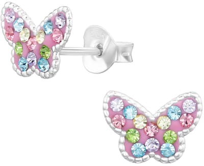 Joy|S - Zilveren vlinder oorbellen - roze met verschillende kleurtjes kristal - 9 x 7 mm - kinderoorbellen