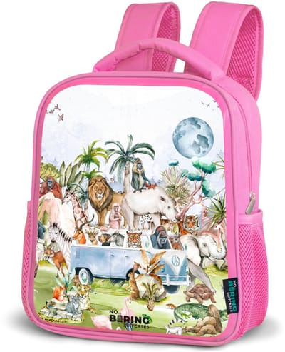 NoBoringSuitcases.com® - Rugzak roze - Schooltas meisjes - Busje met allemaal dieren - Kinder rugtas meisje - Boekentas kind - Kinderrugzak voor school - Schoolrugzak