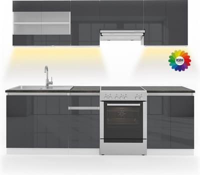 Vicco Keukenblok R-Line, Antraciet Hoogglans/Wit, 240 cm, AP Zwart met LED-strip