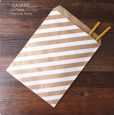 Kraft Cadeauzakje Met Strepen 13x18 cm - 25 Stuks Cadeau Verpakking Kraft Kleur Met Wit