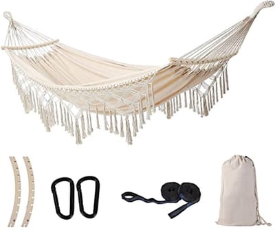 Hangen Schommel Dubbele Hangmat tot 500 kg - Macrame voor Binnen, Buiten en Tuin (Beige)