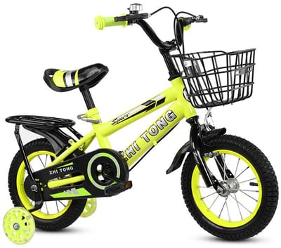 14 Inch Kinderfiets – Verstelbaar Zadel en Stuur – Met Zijwieltjes, Mandje en Achterzitje – Geel