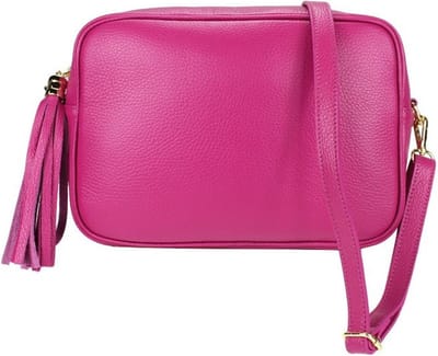 Fuchsia Leren Camera Tas Tassle - Trendy Leren Schoudertassen met kwastje - Goud beslag - Italiaans Leder - Fuchsia