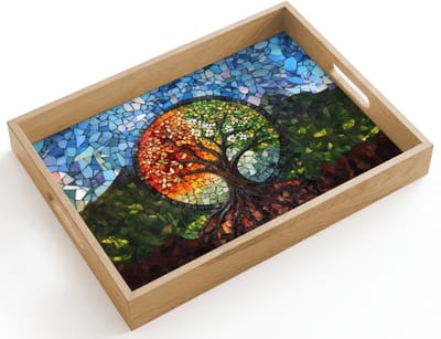 Dienblad hout 40x30 cm - Schootdienblad - Boom - Seizoenen - Mozaïek - Bergen - Borrelplank rechthoek - Plateau dienbladen