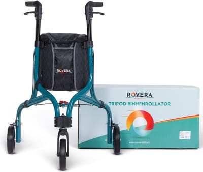 Rovera® Binnen Rollator – Ultra Lichtgewicht en Opvouwbaar – Tripod Design- Drie Wielen - Incl. Dienblad en Luxe Rollatortas – Groen