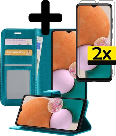 Hoesje - Met 2x Screenprotector - Geschikt voor Samsung Galaxy A13 5G - Luxe Pasjeshouder - Bookcase Portemonee - Flip Case - Kunstleer Book Case - Flipcase Hoes - Book Cover - Walletcase - Portemonneehoes - Telefoonhoesjes - Turquoise