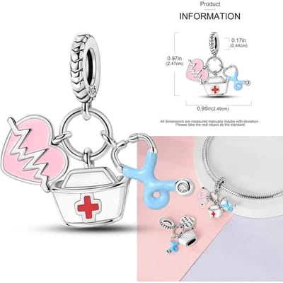 Medische Doos Verpleegstersmuts Hart Decoratieve Bedeltjes Tand Stethoscoop Kralen Elementen Geschikt Voor 3 Mm Authentieke Armband Stijl Vrouwen Echt Koperen Bedeltje white
