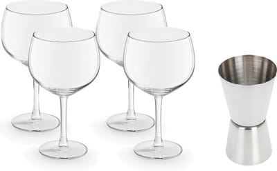 4x Gin Tonic / cocktail glazen transparant 650 ml - Met RVS maatbeker / barmaatje 2-in-1 15/30 ml