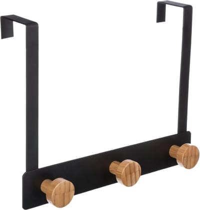 5Five Deurkapstok - met 3 ophanghaken/knoppen - zwart/beige - B25 x H20 cm - metaal/bamboe