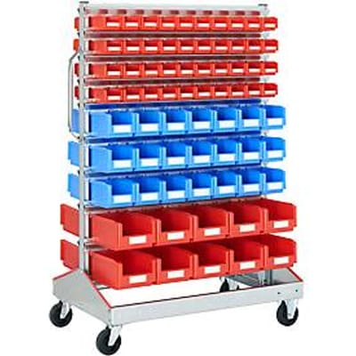 Trolley v. magazijnbakken, tweezijdig, B 1130 x D 710 x H 1705 mm, 80 x 0,7 l rood, 42 x 3 l blauw, 20 x 7,5 l rood