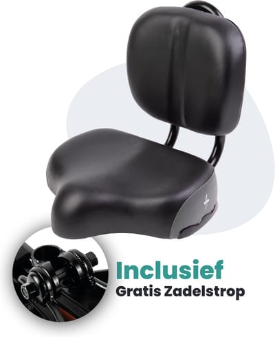 Voltano Fietszadel Met Rugsteun / Rugleuning - Zwart / Grijs - Verstelbaar Zadel - Waterdicht - Met Zadelstrop - Tegen Rugklachten - Medisch Fietszadel