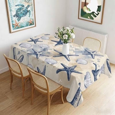 Zomer Zee Stervis Schelp Rechthoekige Tafelkleed voor Tafel Decoratie Herbruikbaar Keuken Eettafelkleed Feestdecoraties 140x140cm
