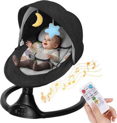 Elektrische Baby Wipstoel – Bluetooth, Afstandsbediening, 5 Trillingsstanden, Muziek, 5-Punts Veiligheidsgordel & Klamboe – Zwart