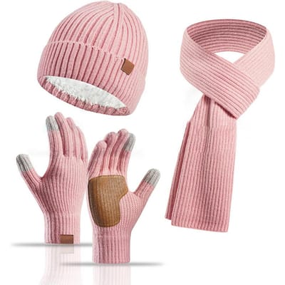 3 Stuks/Set Unisex Winter Muts Sjaal Handschoenen Set Dik Gebreid Warme Muts Geweldige Frictie Handpalm Handschoenen Elastische Oor Winddicht roze