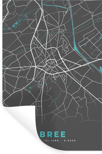 Muurstickers - Sticker Folie - Plattegrond – Bree – Blauw – Stadskaart - Kaart - België - 20x30 cm - Plakfolie - Muurstickers Kinderkamer - Zelfklevend Behang - Zelfklevend behangpapier - Stickerfolie