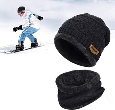 Gebreide Beanie Muts en Sjaal Set - Warme & Zachte Fleece Voering - Colsjaal Nekwarmer - Warme Bonnet - Halswarmer Wintermuts - Zachte Fleece Voering - LOUZIR