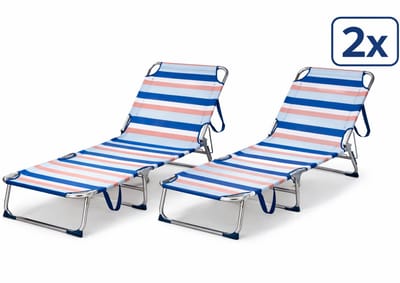 HEM 2x Strandligbed Opvouwbaar – Aluminium Ligstoel – Verstelbare Rugleuning 3 Standen – Lichtgewicht Outdoor Strandbed – Streeppatroon Blauw/Wit/Roze – Inclusief 2x HEM Microvezeldoekje