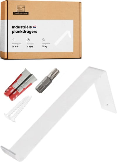 GoudmetHout® Industriële Plankdragers L-vorm - 25 cm - Stalen Plankdrager voor Wandschap, Muurrek of Wandconsole - Max 25 kg - 1 stuk - Mat Wit