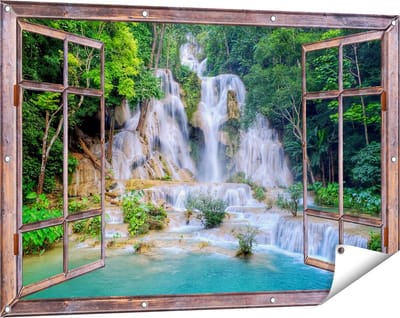 Gards Tuinposter Doorkijk Waterval in het Tropische Natuur - 120x80 cm - Tuindoek - Tuindecoratie - Wanddecoratie buiten - Tuinschilderij