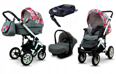 BabyLux® Kinderwagen 4in1 – SKY LARK - Grey Flex Hibiscus WHITE FRAME - Opklapbare Wandelwagen incl. Reiswieg, Multifunctionele Buggy Sportstoel, Autostoel, ISOFIX basisstation - Combi-kinderwagen met Luiertas, Regenhoes, Klamboe