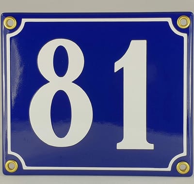 Huisnummer Emaille - Bord Nummer - Huis Identificatie - Handgemaakt Verheven Cijfer - Nr 81 - Blauw Wit